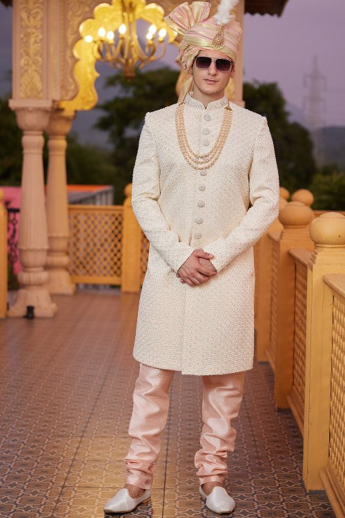Off White Silk Blend Embroidered Ready Made Men's Sherwani