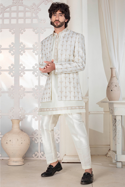 Off White Silk Blend Embroidered Men's Sherwani Suit For Wedding