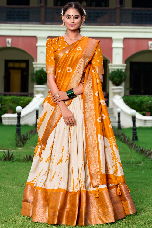 Off White Silk Blend Lehenga With Printed Work For Diwali