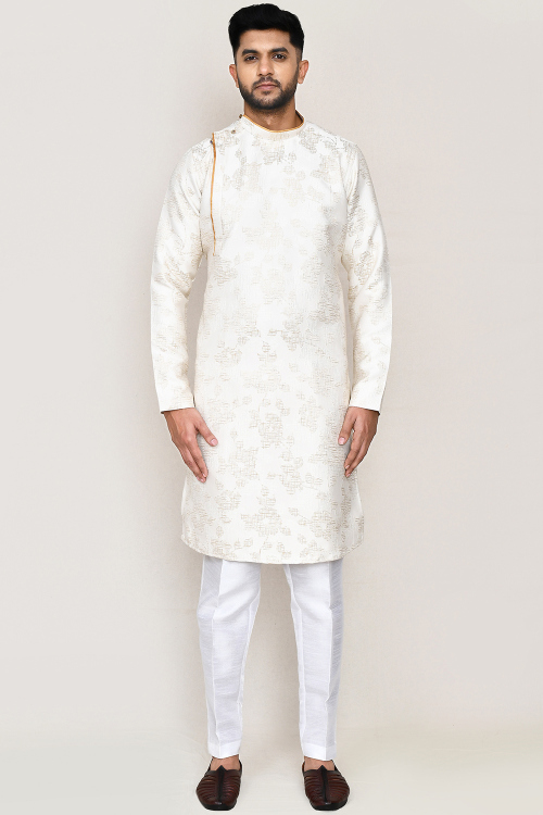 Off White Silk Blend Weaved Angrakha Style Men's Kurta Pajama