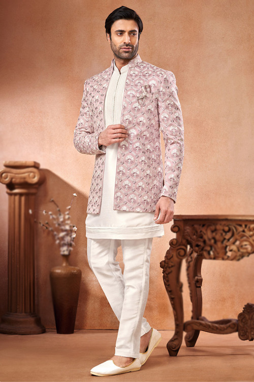 Off-White Silk Embroidered Jacket Style Men's Kurta Pajama 