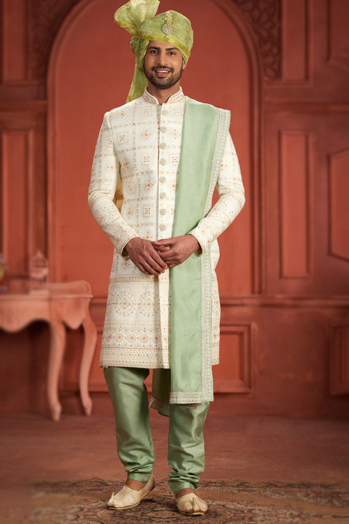 Ivory Silk Embroidered Work Wedding Wear Sherwani