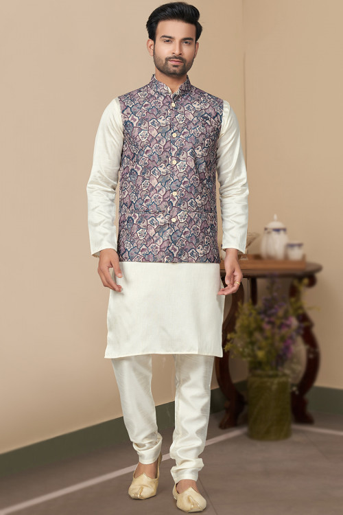 Off White Silk Men's Waist Coat Kurta With Churidar For Eid 