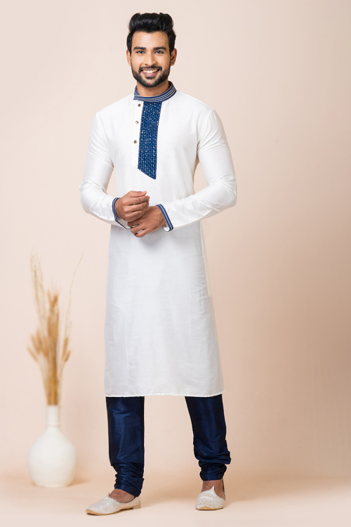 Off White Silk Patch Embroidered Men's Kurta With Churidar 