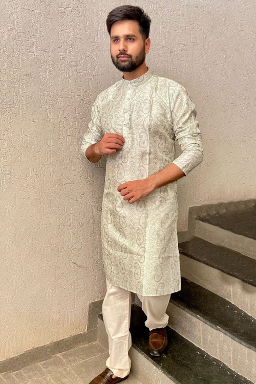Off White Silk Printed Straight Cut Men's Kurta Pajama