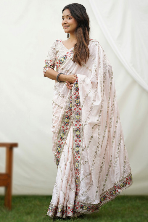 Off White Silk Resham Embroidered Light Weight Saree