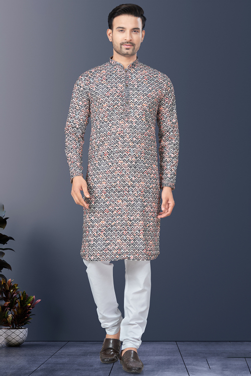 Off White Silk Straight Cut Printed Men's Kurta Churidar