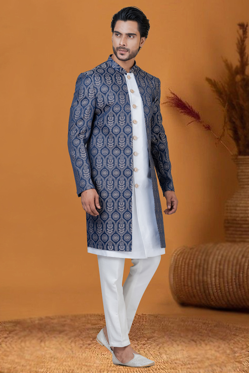 White Silk Weaved Jacket Style Men's Sherwani
