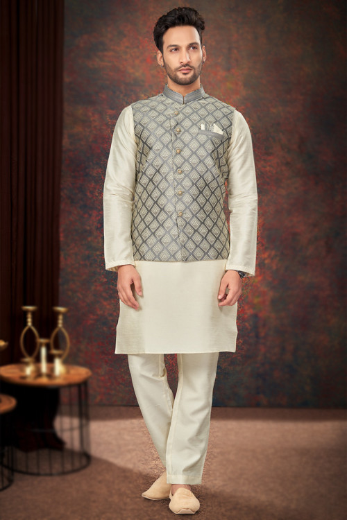Off White Silk Weaved Zari Waist Coat Style Men's Kurta Pajama