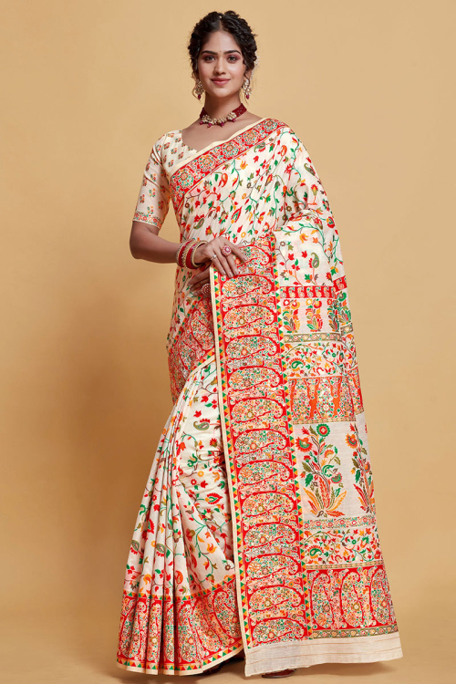 Ivory Silk Woven Saree