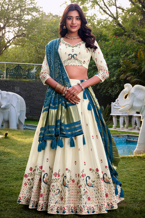 Off White Soft Silk A Line Lehenga With Zari Work