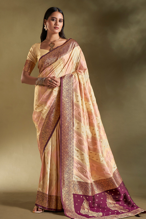 Off White Soft Silk Saree With Weaved Work For Festival