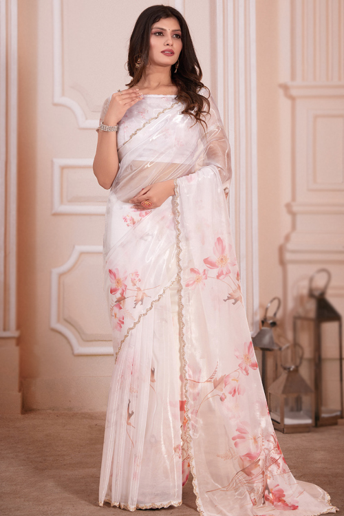 Ivory Stone Embellished Organza Silk Light Weight Saree