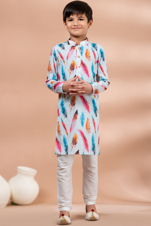 Off White Straight Cut Cotton Printed Boy's Kurta Pajama 