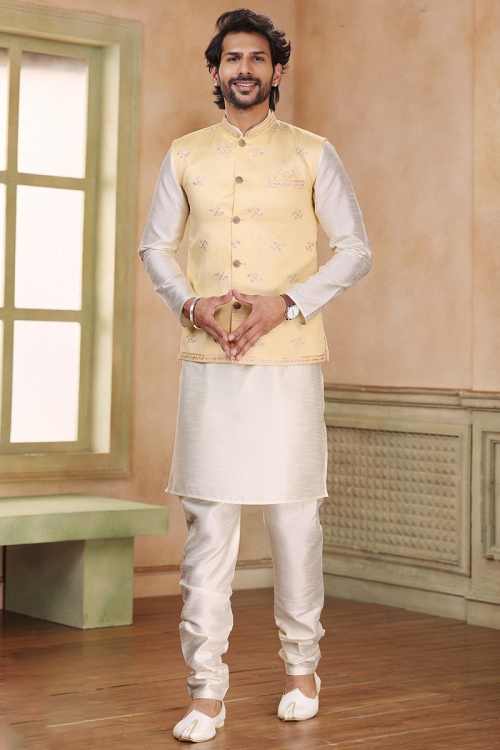 Ivory Straight Cut Men's Kurta Churidar in Dupion Silk