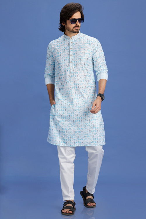 Off White Straight Cut Printed Cotton Men's Kurta Pajama For Eid 