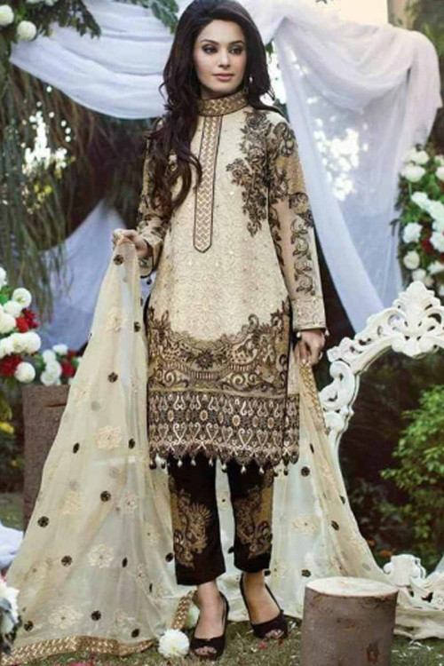 Off White Straight Pant Suit With Resham Embroidered