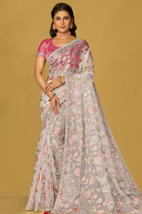 Off White Weaved Thread Lightweight Brasso Saree For Sangeet 