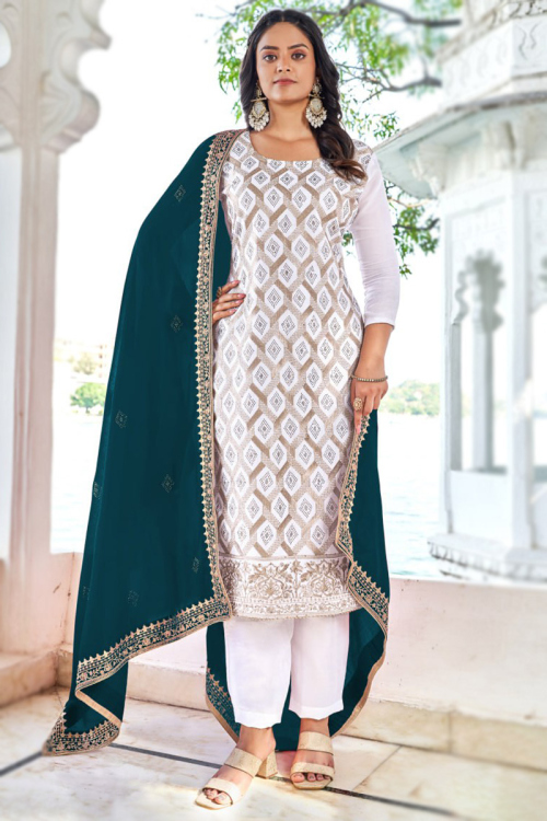 Off White Zari Embroidered Silk Straight Cut Trouser Suit