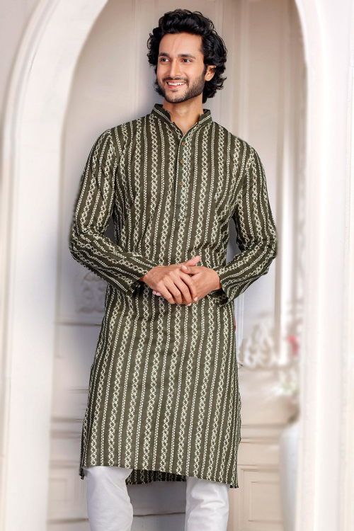 Olive Brown Bandhej Print Cotton Straight Cut Men's Kurta 