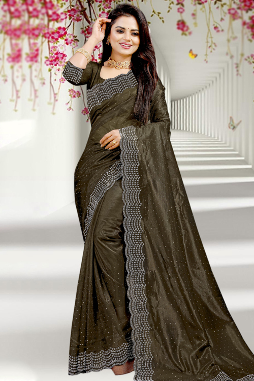 Olive Brown Chinnon Stone Embellished Light Weight Saree Saree
