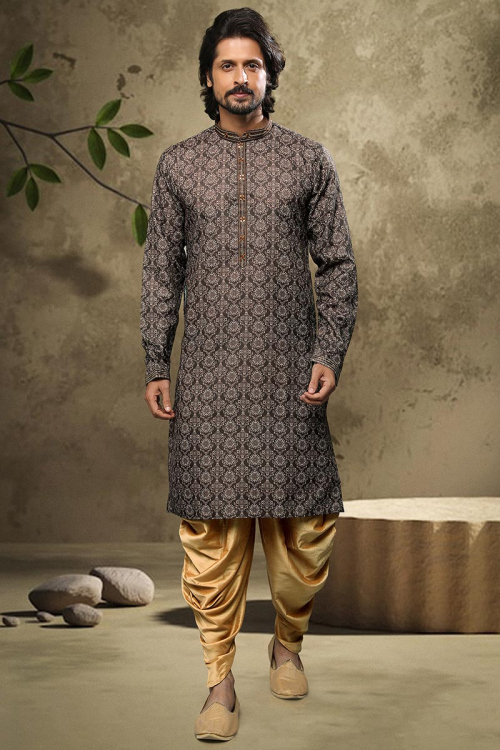Olive Brown Cotton Men's Kurta With Dhoti Pants