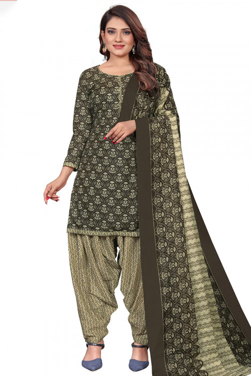 Olive Brown Cotton Printed Casual Wear Patiala Suit Salwar 