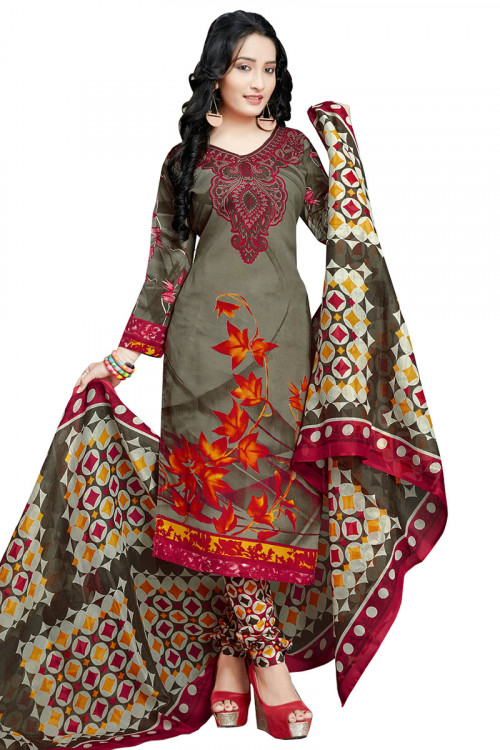 Olive Brown Cotton Printed Straight Cut Churidar Suit