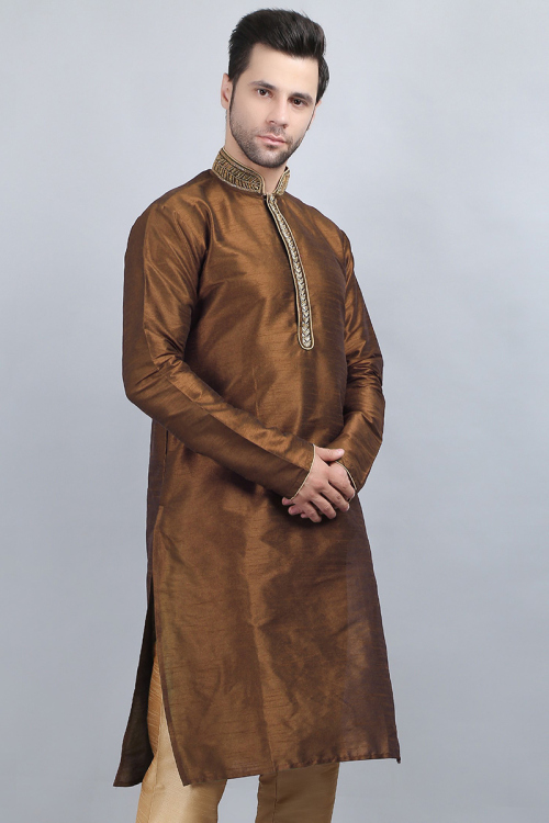 Olive Brown Dupion Silk Patch Embroidered Men's Kurta