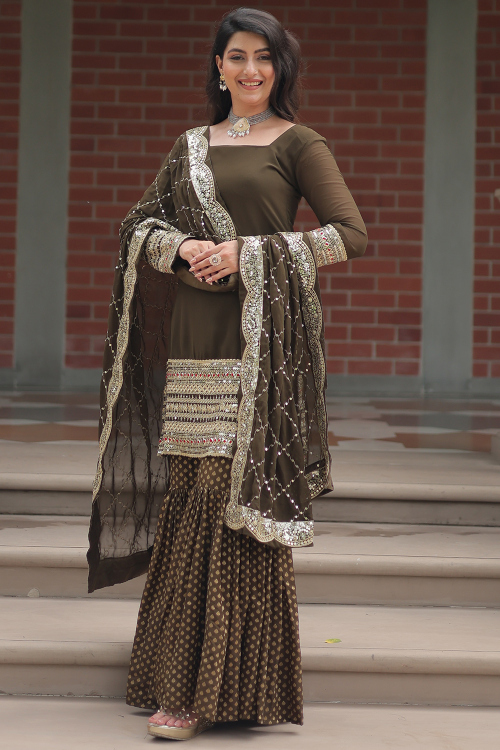 Olive Brown Georgette Embroidered Straight Cut Sharara Suit
