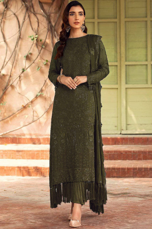 Olive Brown Georgette Embroidered Trouser Suit