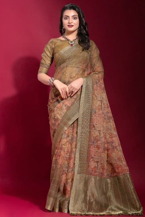 Olive Brown Linen Printed Light Weight Saree 