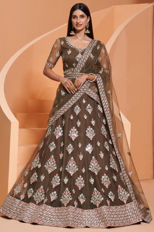 Olive Brown Net Embroidered Party Wear Lehenga