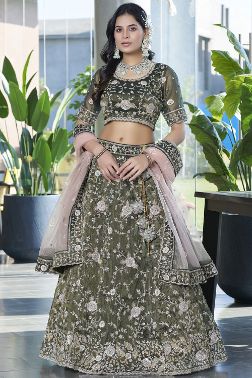 Olive Brown Organza Embroidered A Line Lehenga 