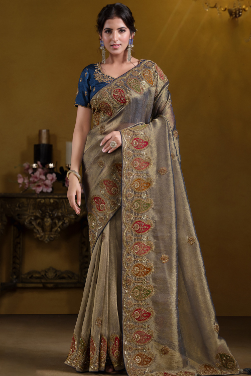 Brown Color Organza Embroidered Heavy Work Saree