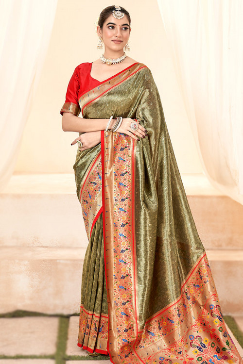 Olive Brown Paithani Silk Weaved Zari Handloom Saree 