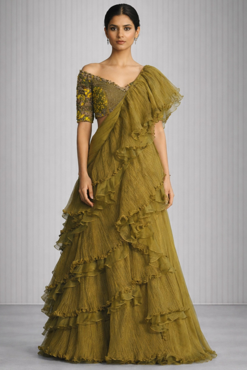 Olive Brown Party Wear Georgette Ruffle Wedding Saree for Mehndi