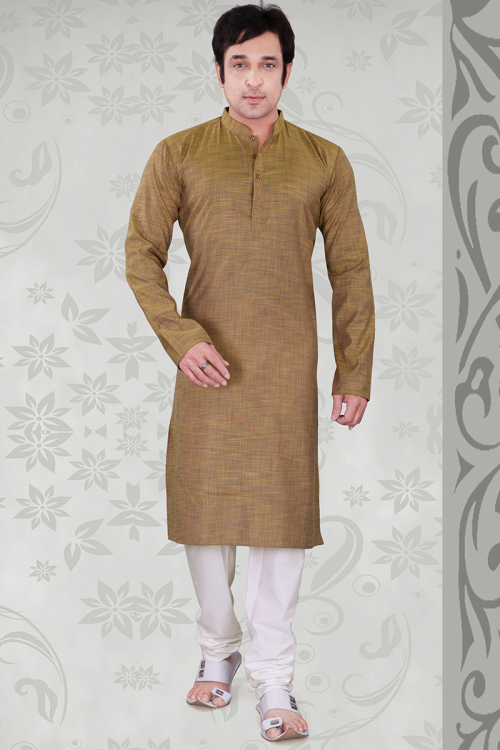 Olive Brown Plain Poly Cotton Straight Cut Men's Kurta Churidar