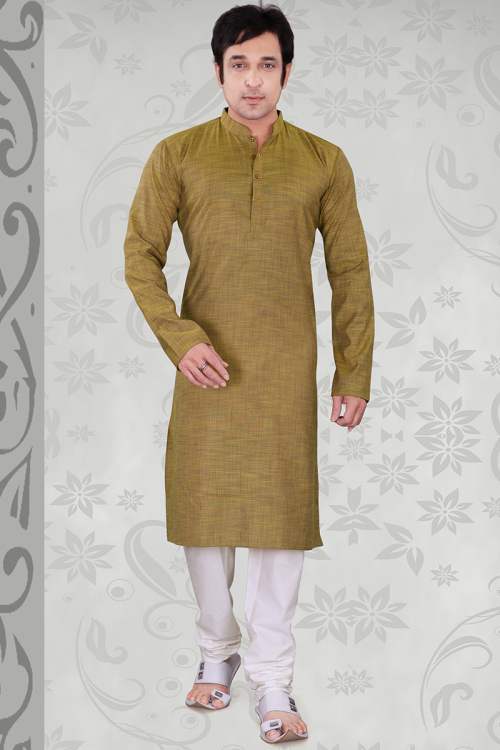 Olive Brown Poly Cotton Plain Straight Cut Men's Kurta Churidar