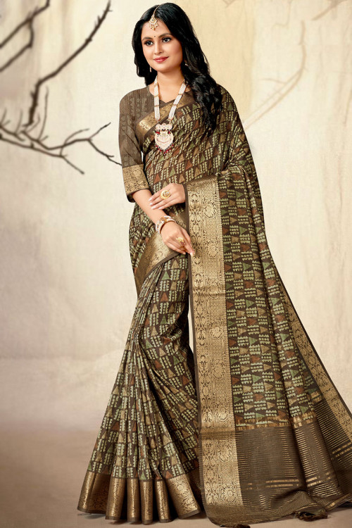 Brown Chanderi Saree With Ajrakh Print at Soch