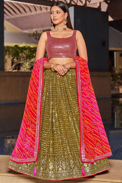 Olive Brown Sequins Embroidered Georgette Lehenga For Mehndi