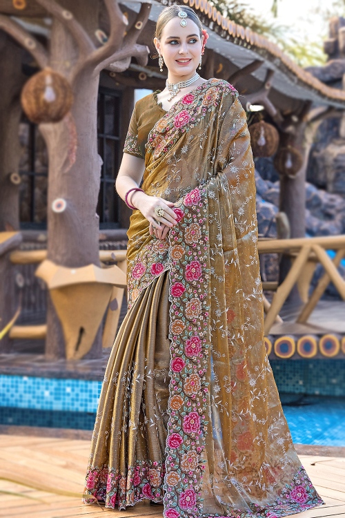 Olive Brown Shimmer Chiffon Embroidered Saree