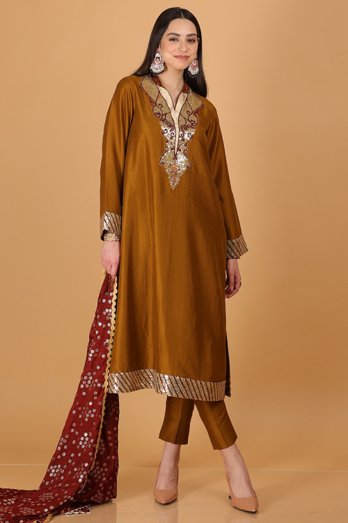 Olive Brown Silk Embroidered Patiala Suit