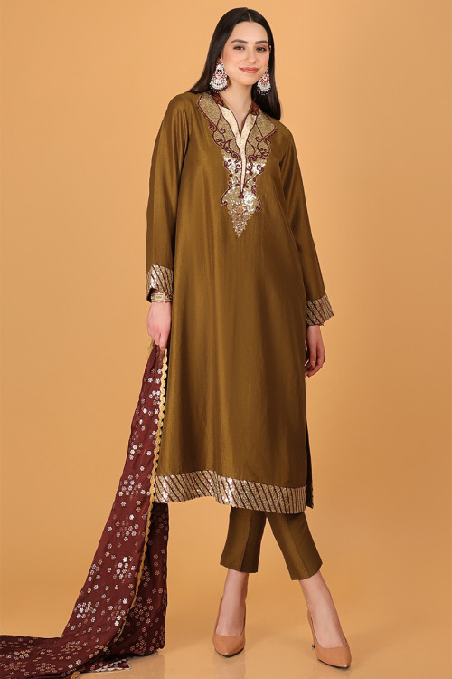 Olive Brown Silk Embroidered Patiala Suit
