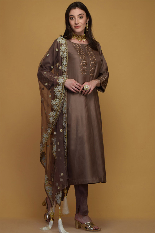 Olive Brown Silk Resham Embroidered Trouser Suit for Eid