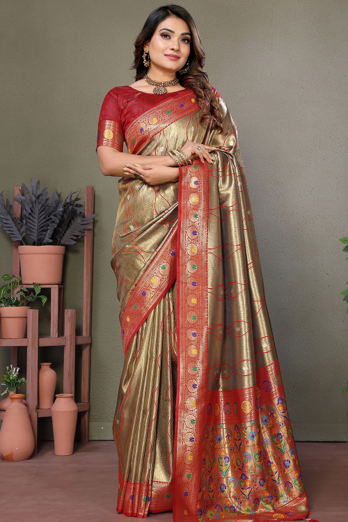 Olive Brown Soft Silk Saree With Weaved Work For Festival