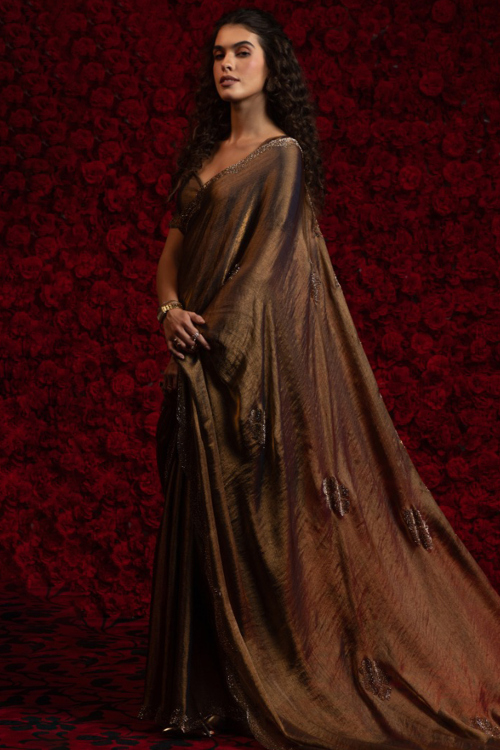 Olive Brown Tissue Shimmer Saree With Stone Work For Festival 