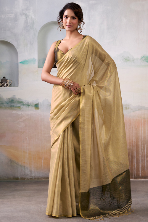 Olive Brown Tissue Silk Saree With Weaved Work For Festival