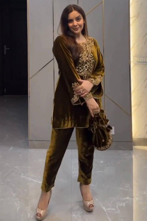 Olive Brown Velvet Embroidered Straight Cut Trouser Suit 