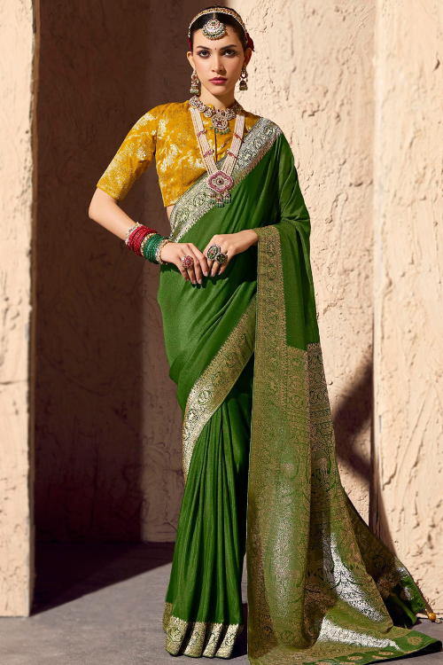 Olive Green Art Silk Broad Border Saree With Woven Zari Work